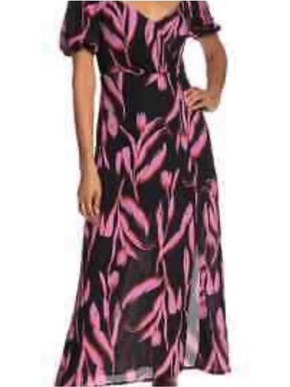 Lush Floral Tulip Print Chiffon Puff Sleeve Midi Dress Size L